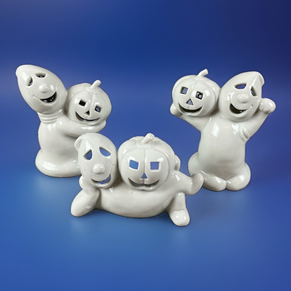 Vintage Midwest Importers Ghost Pumpkin Ceramic Halloween Decor - Set of 3